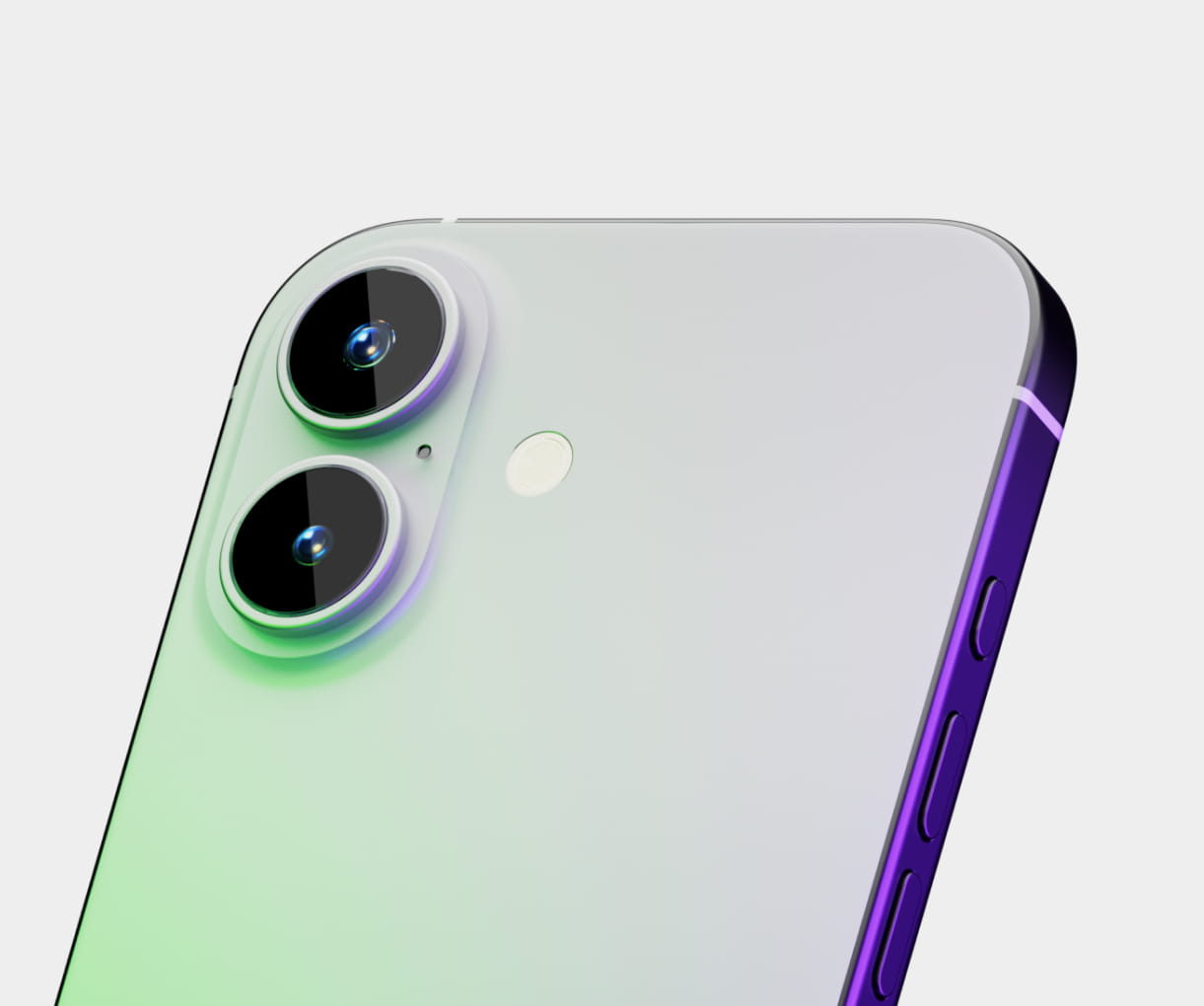 Close-up of a smartphone's backside showing dual cameras and a purple side frame with buttons.