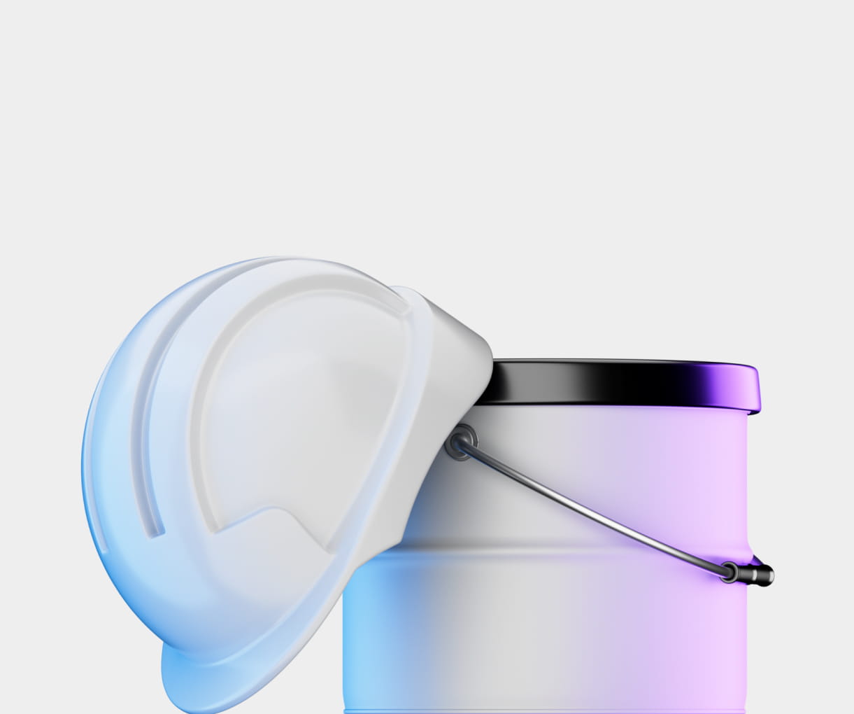 White construction helmet resting on the rim of a pale purple paint bucket with a metal handle.