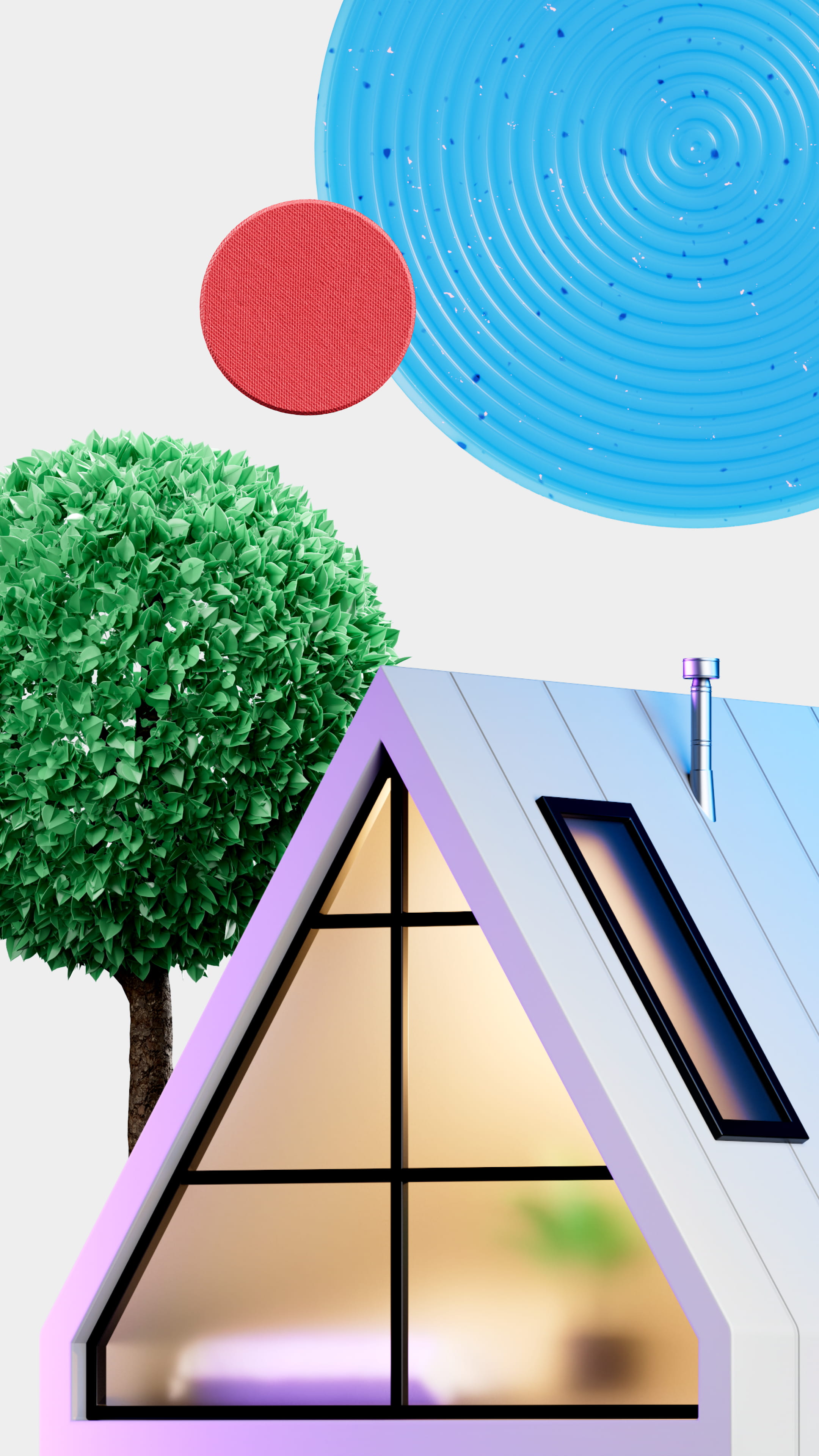 Modern small house with large triangular window, next to a green leafy tree and abstract red and blue circular shapes in the background.