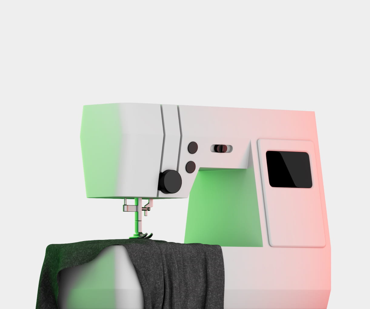White sewing machine with a piece of dark fabric under the needle area and green and red lighting accents.