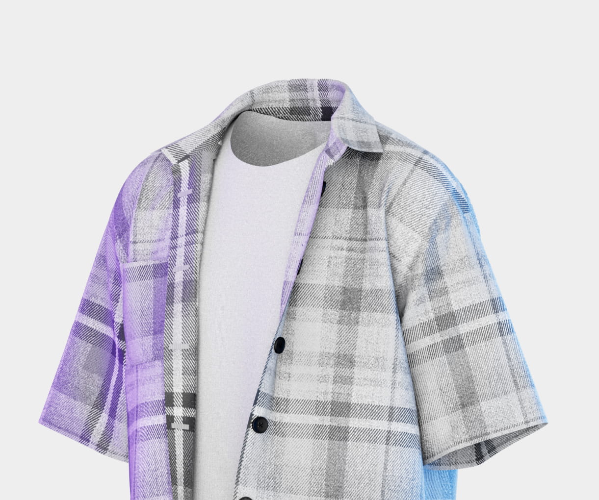 Gray and white short-sleeve plaid button-up shirt layered over a plain white T-shirt.