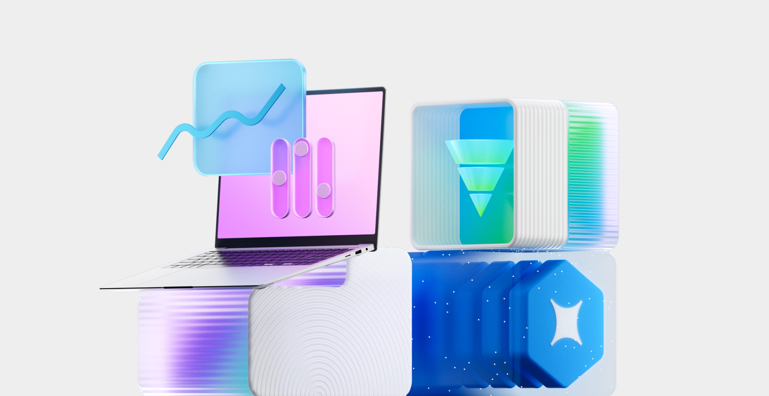 Open laptop with floating 3D financial charts next to stacked translucent cubes with digital icons.
