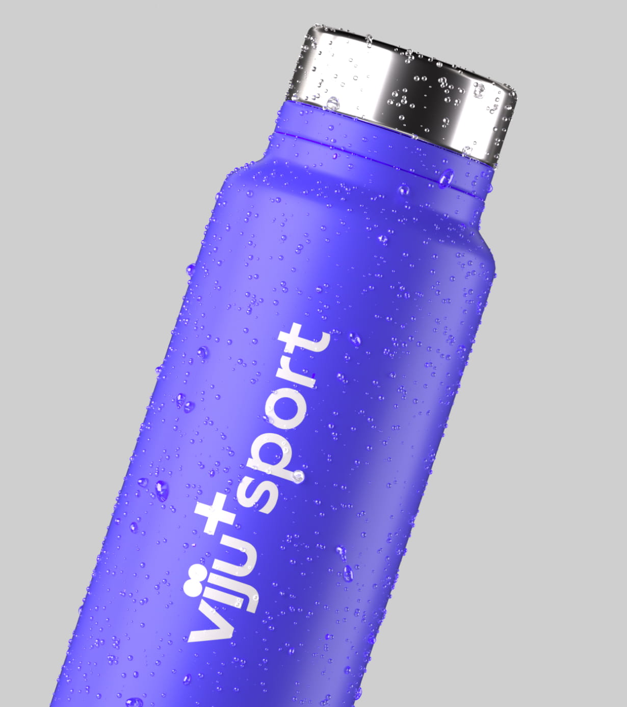 Blue sports water bottle with silver cap covered in water droplets on a light gray background.