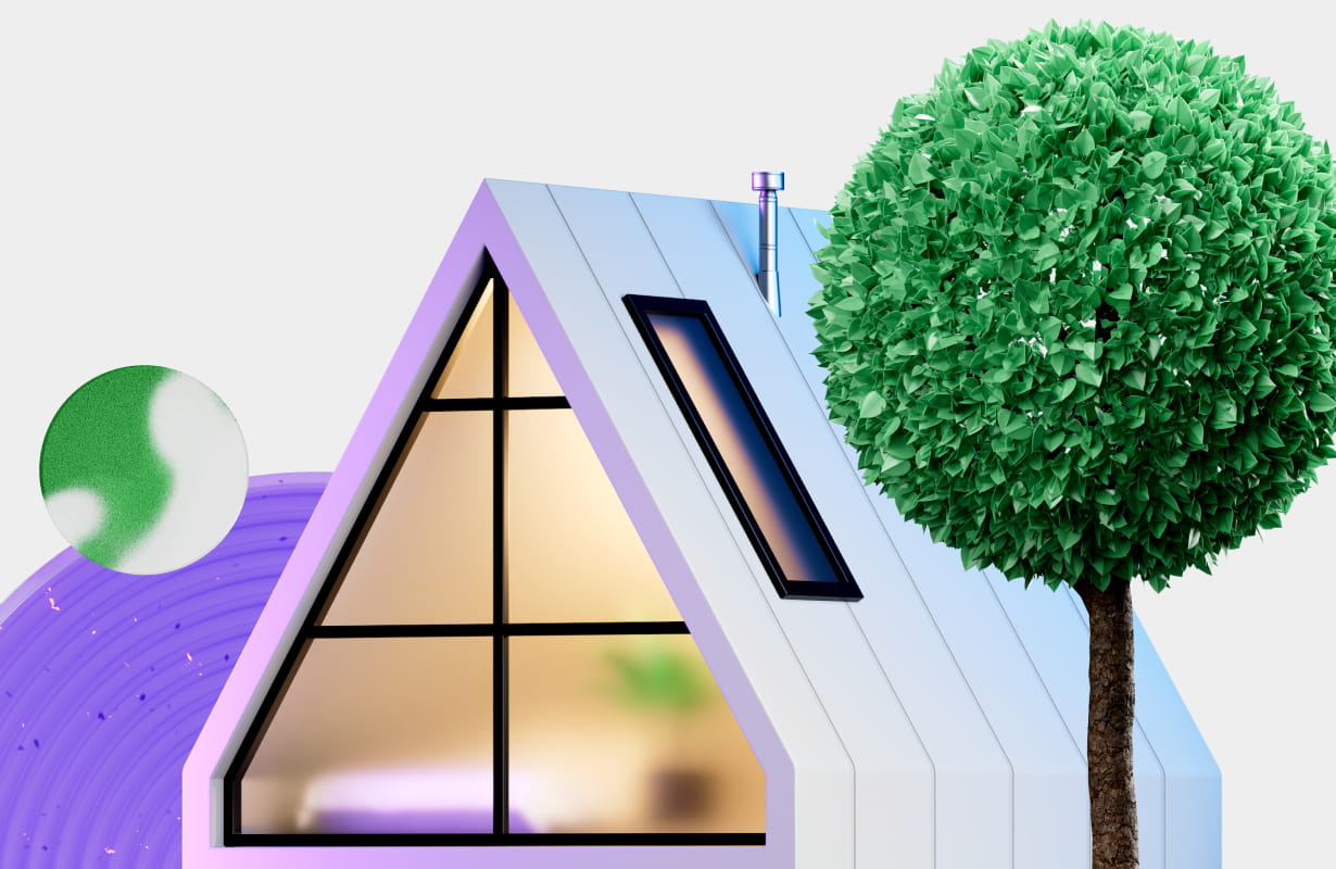 Modern A-frame house with large triangular window and skylight beside a round, leafy green tree.