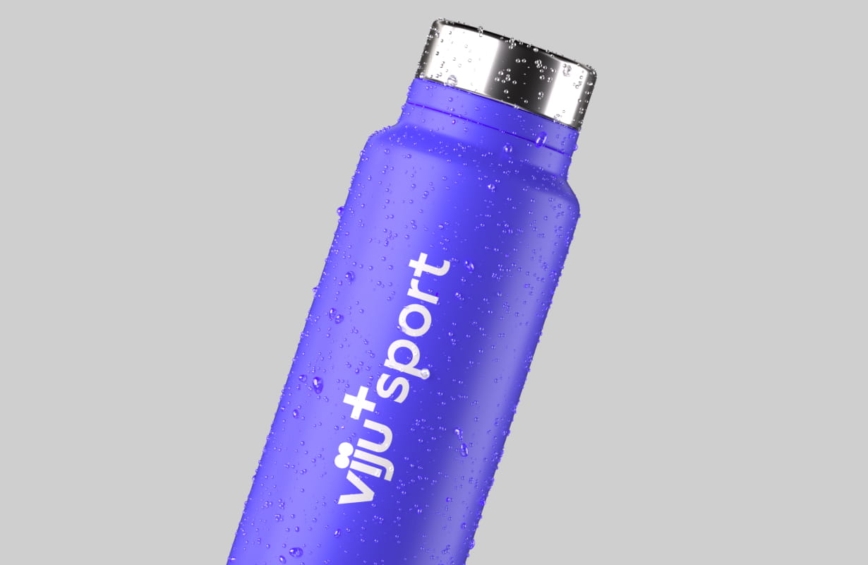Blue sports water bottle with a shiny silver cap covered in water droplets on a light gray background.