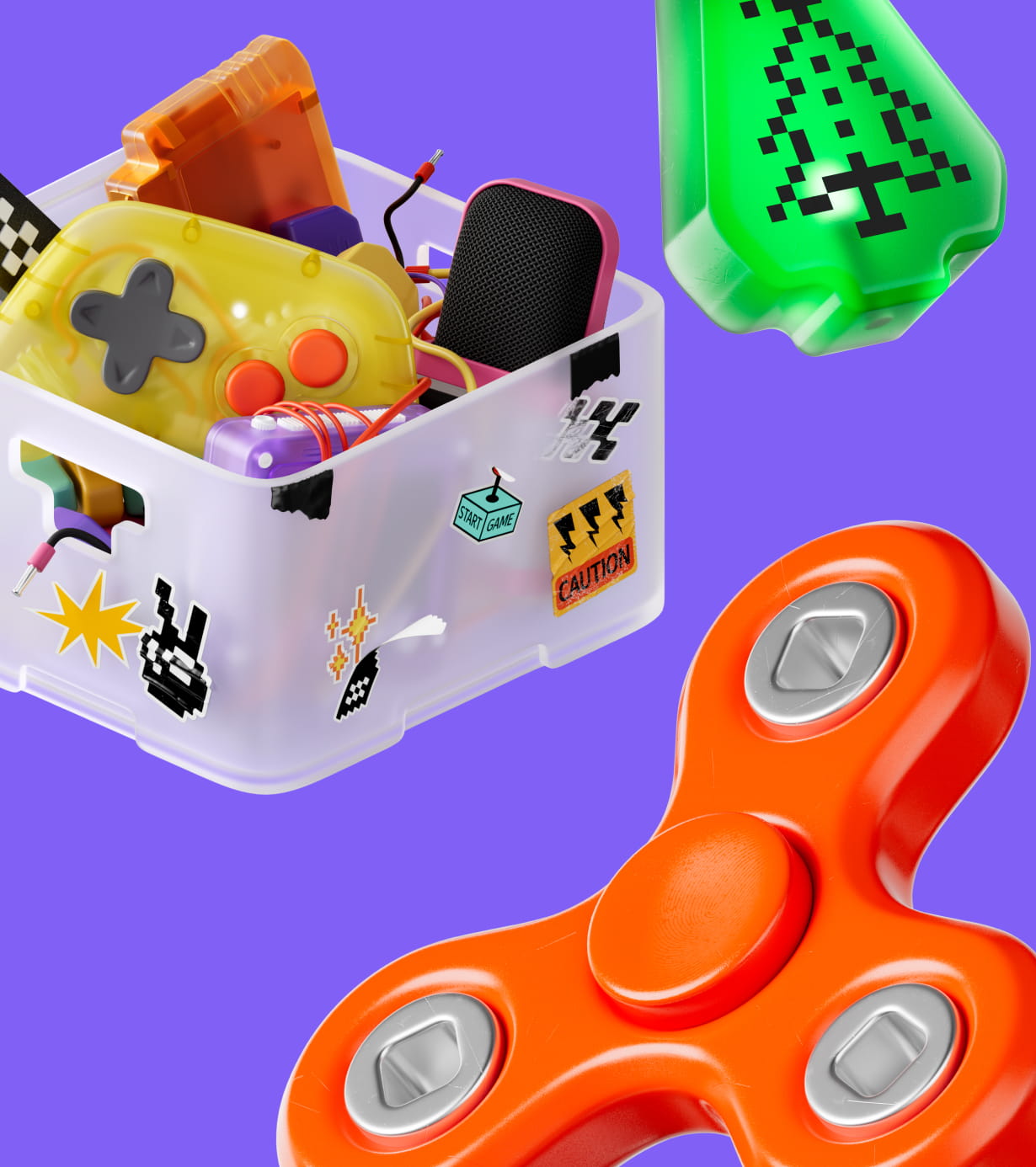Orange fidget spinner with metal bearings, translucent container with colorful game controller parts and wires, and a green pixelated arrow on purple background.