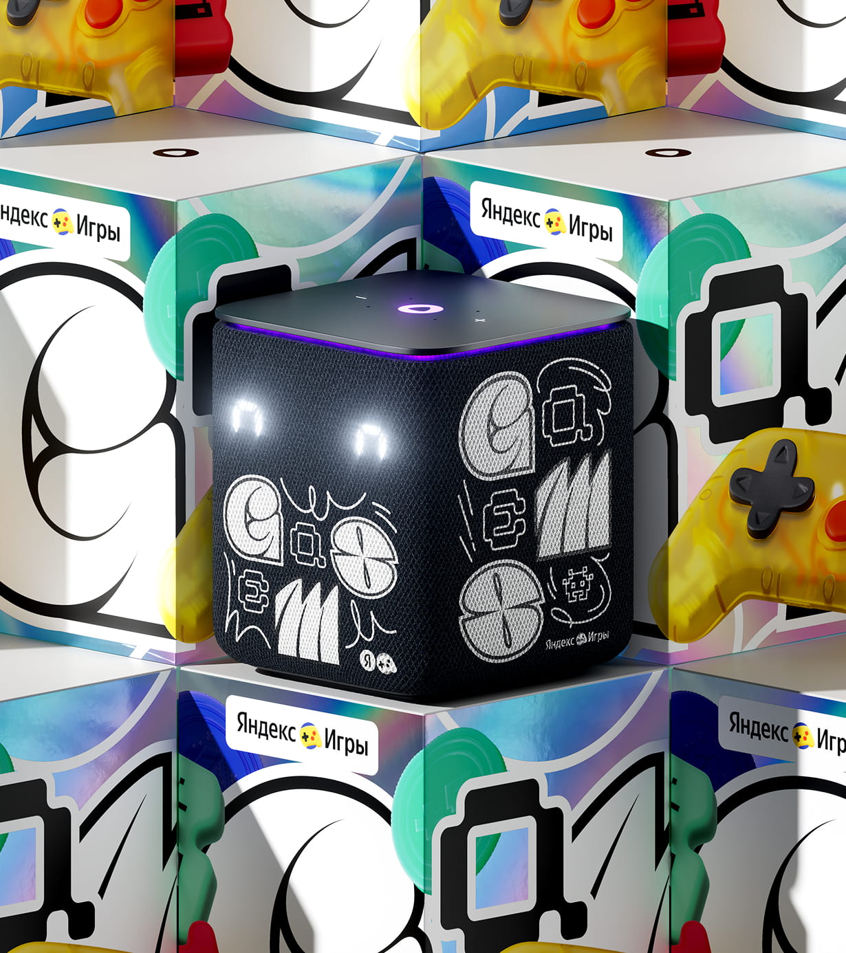 Black cube-shaped smart speaker with illuminated eyes and graffiti-style designs, surrounded by colorful boxes featuring gaming controllers and Cyrillic text.