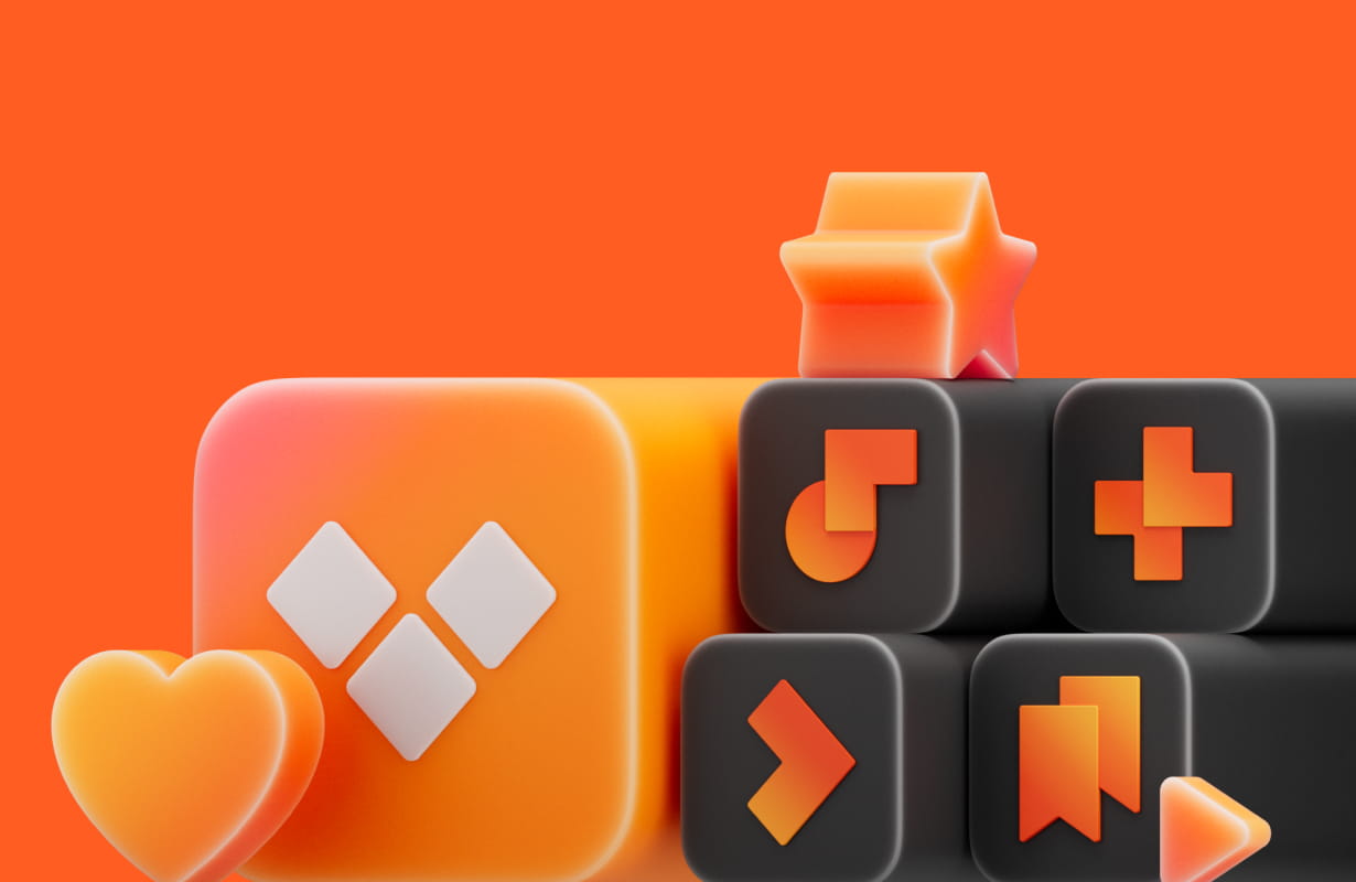 A set of 3D orange and black app icons including a heart, diamond shapes, star, musical note, plus sign, bookmarks, and play button on an orange background.