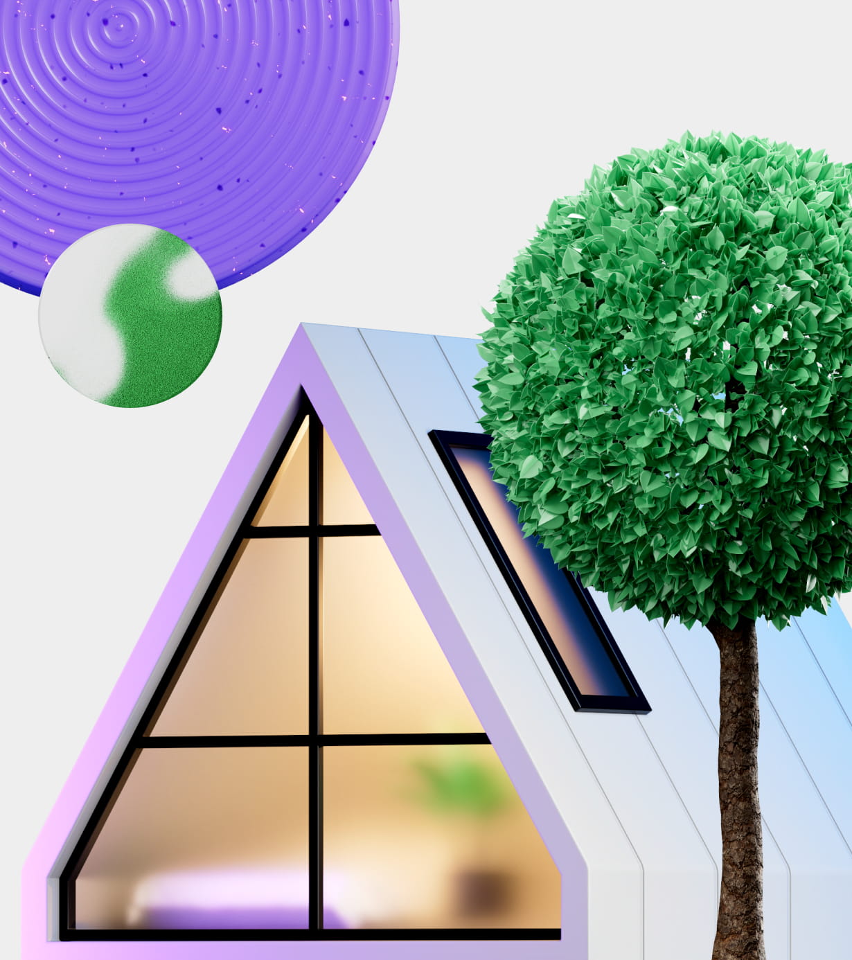 Modern triangular house with large window showing a blurred interior, next to a leafy green tree and two floating textured spheres.