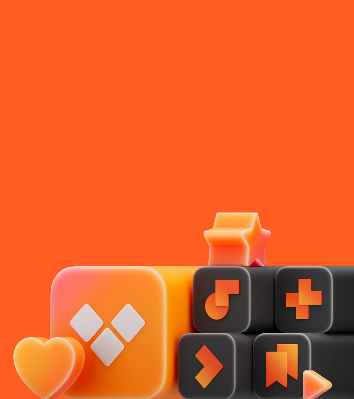 3D icons including an orange square with three white diamonds, a heart, a star, and five black cubes with orange symbols on an orange background.