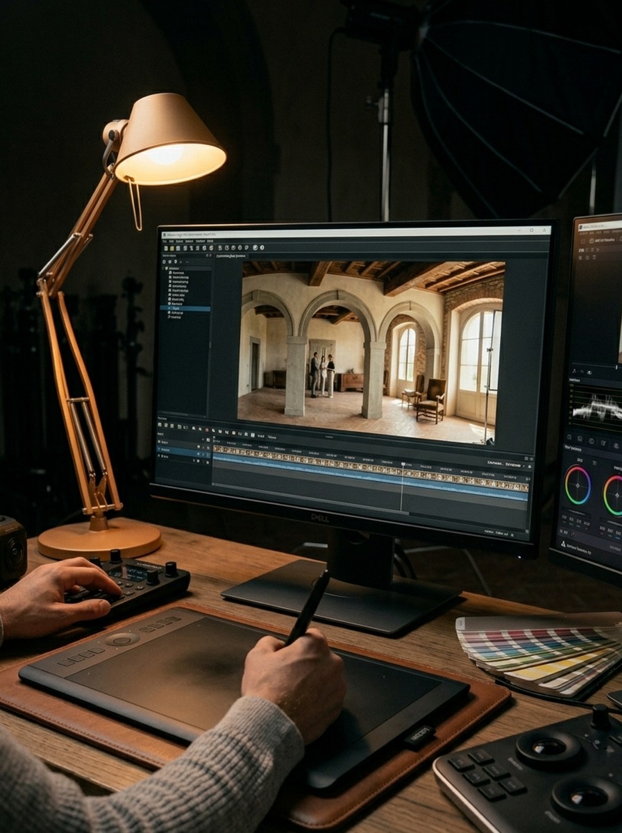Postazione di post-produzione con monitor di editing video e color grading