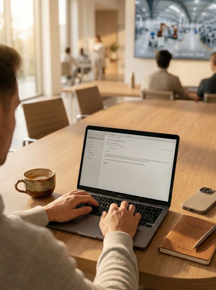 Mani che scrivono una mail al laptop — primo contatto cliente