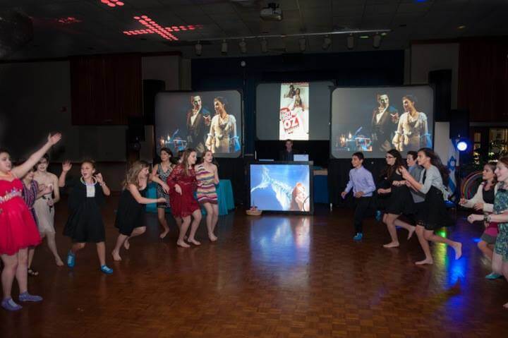 Photo of our 4 screen set up at the top of the dancefloor with each side of the dancefloor lined up with the kids, getting ready to play Pepsi or Coke.