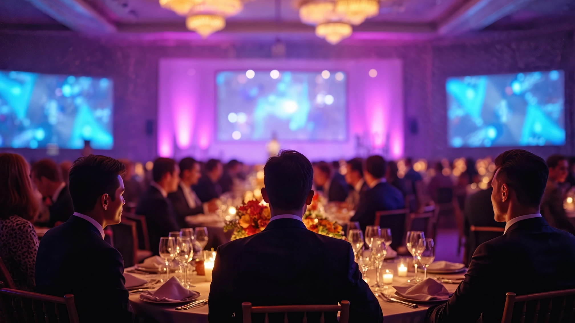 Picture from the back of a crowd with 3 large screens at the front of the room to depict our A/V Services for high-end events.