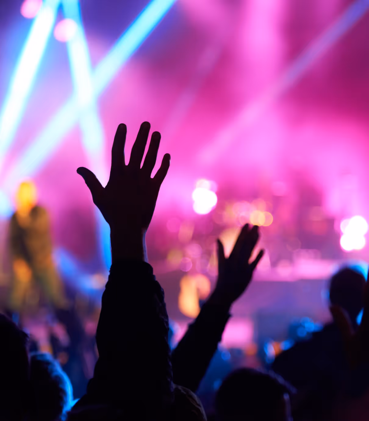 Silhouetted hands raised in the air at a concert with purple and blue stage lights in the background.