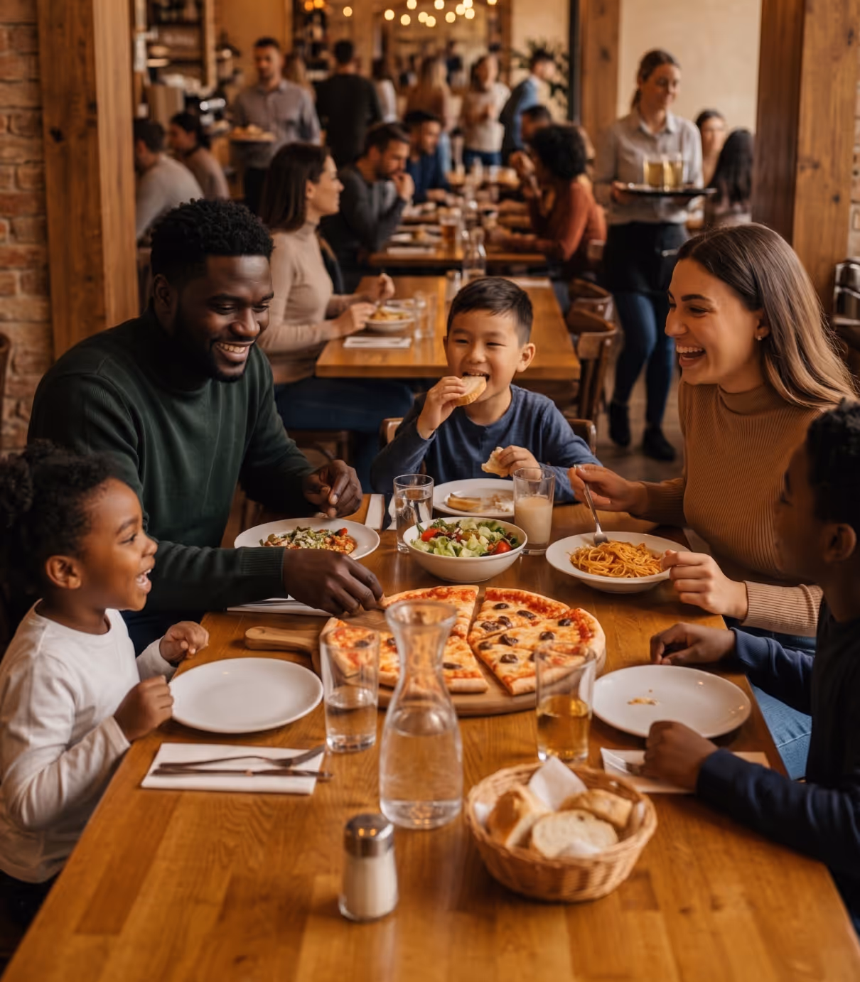 Family enjoying a meal together at a restaurant table with pizza, salad, spaghetti, and bread basket.