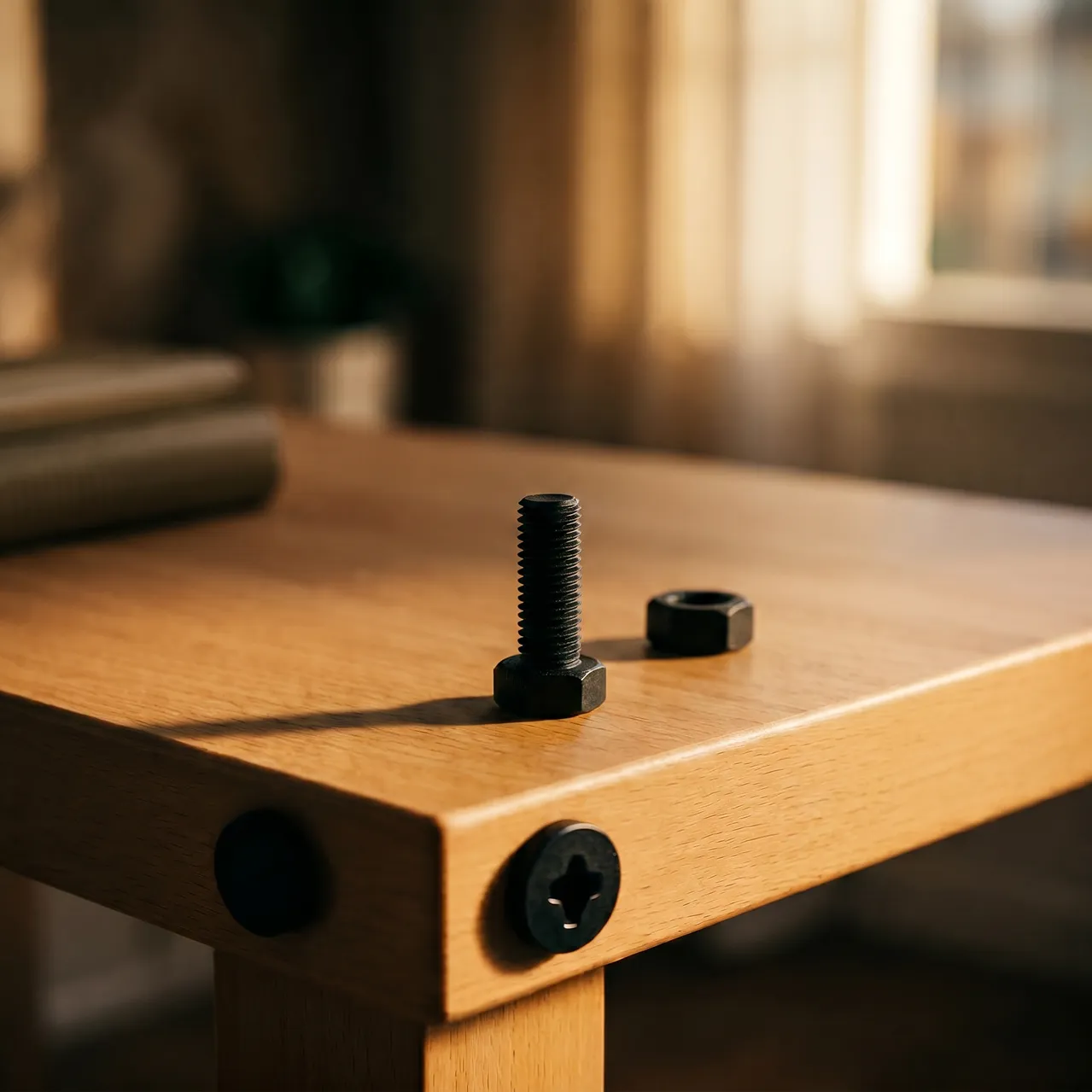 Black bolt and nut placed on the corner of a wooden table with sunlight coming through a window.