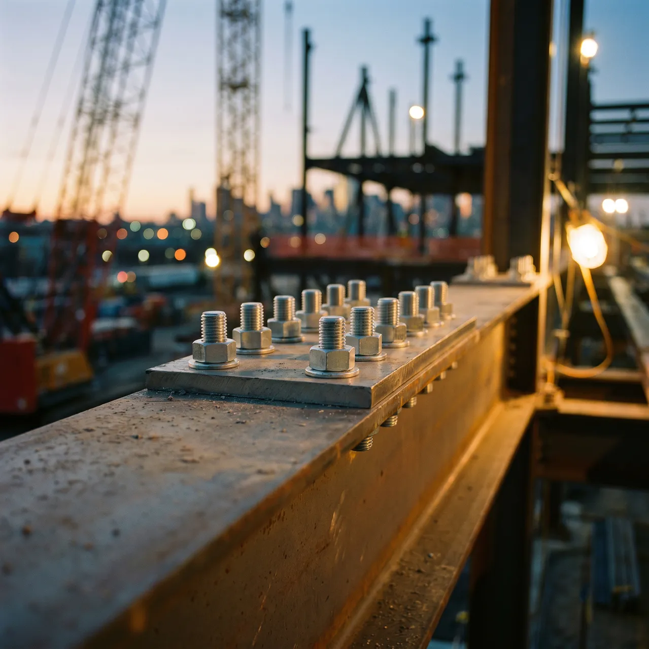 Close-up of metal bolts on a steel beam at a construction site during sunset.