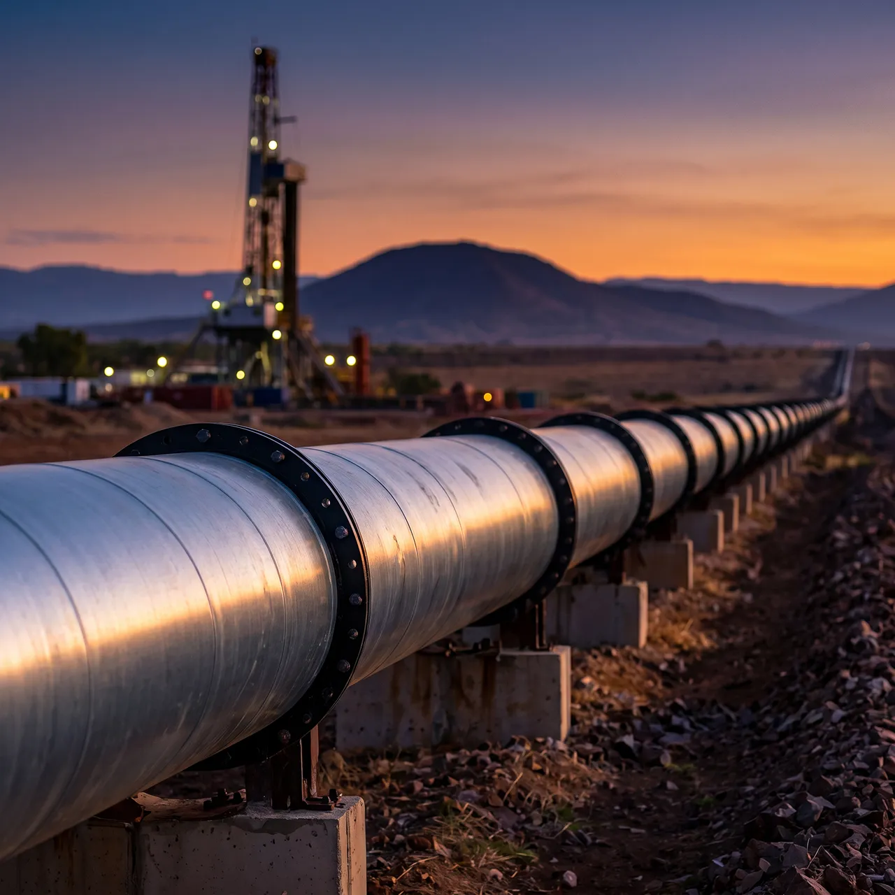 Long metal pipeline extending toward oil rig and mountains at sunset with purple and orange sky.