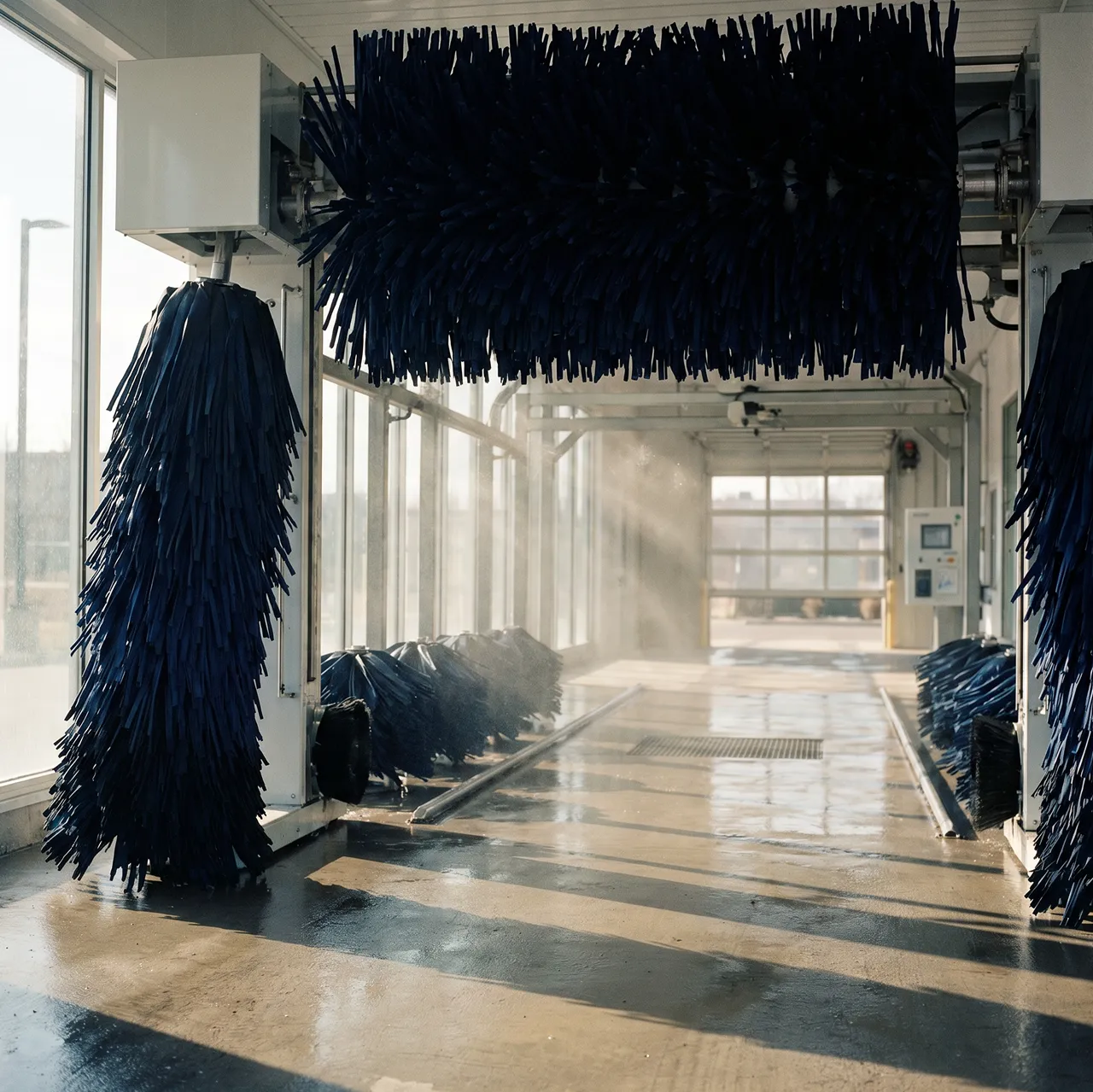 Empty automatic car wash bay with large blue spinning brushes and water spray inside.