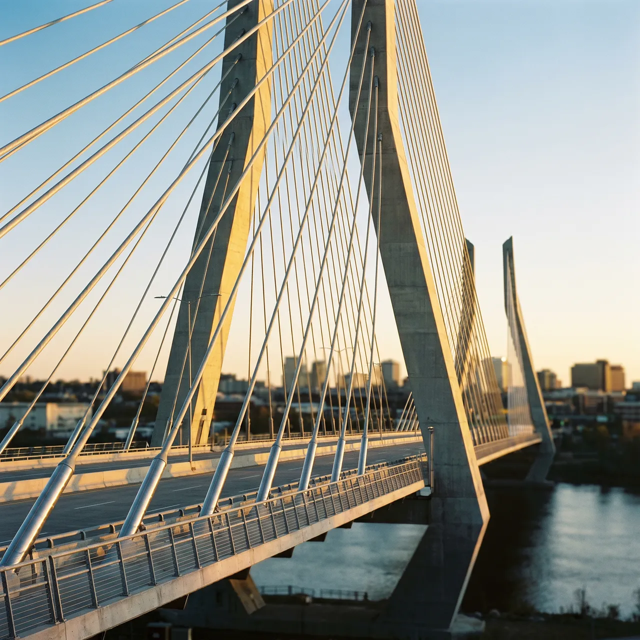 Cable-stayed bridge over water with city skyline at sunset under a clear sky.