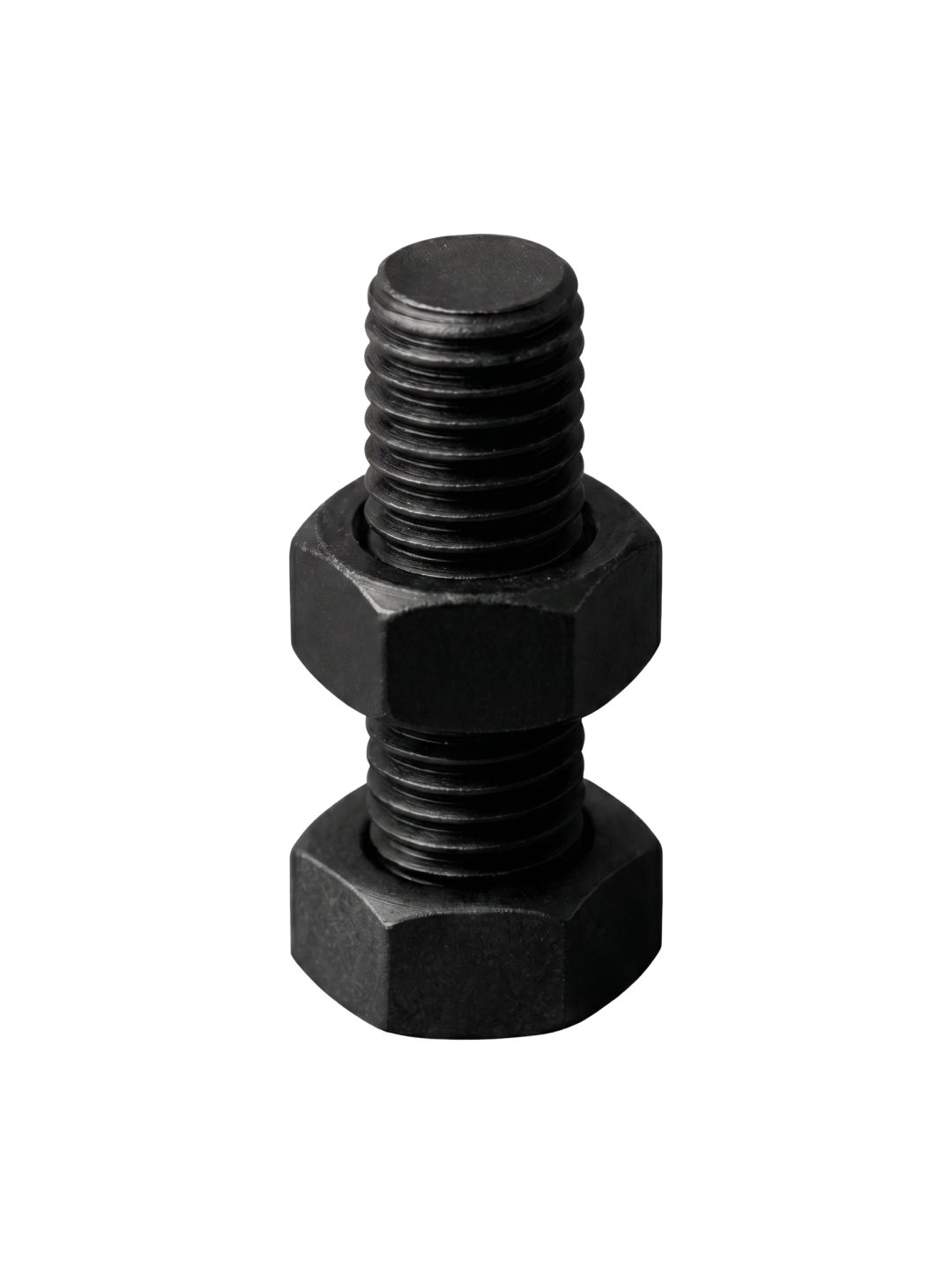Zinc flake black metal bolt with two hex nuts threaded on it against a black background.