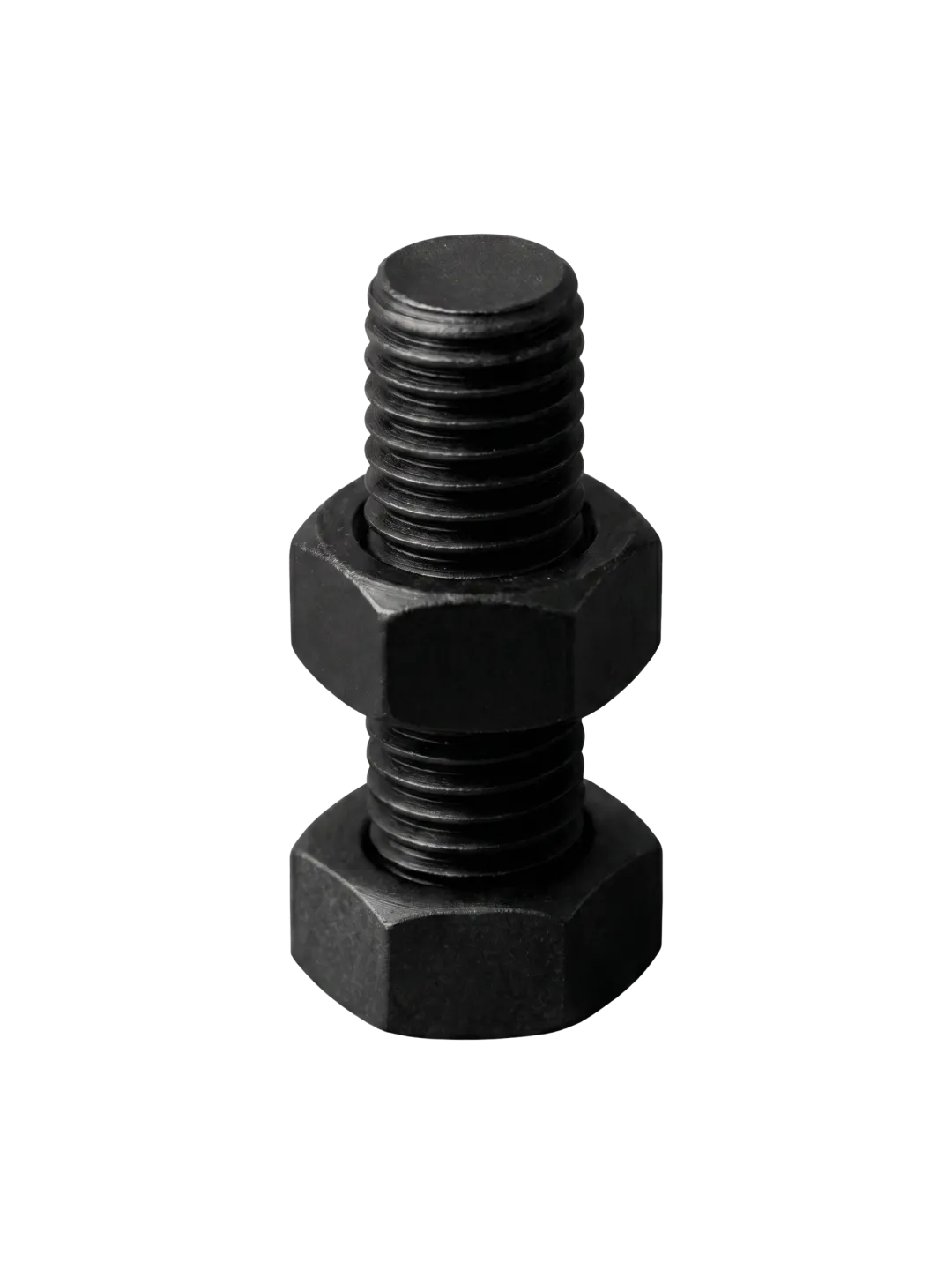Zinc flake black metal bolt with two hex nuts threaded on it against a black background.