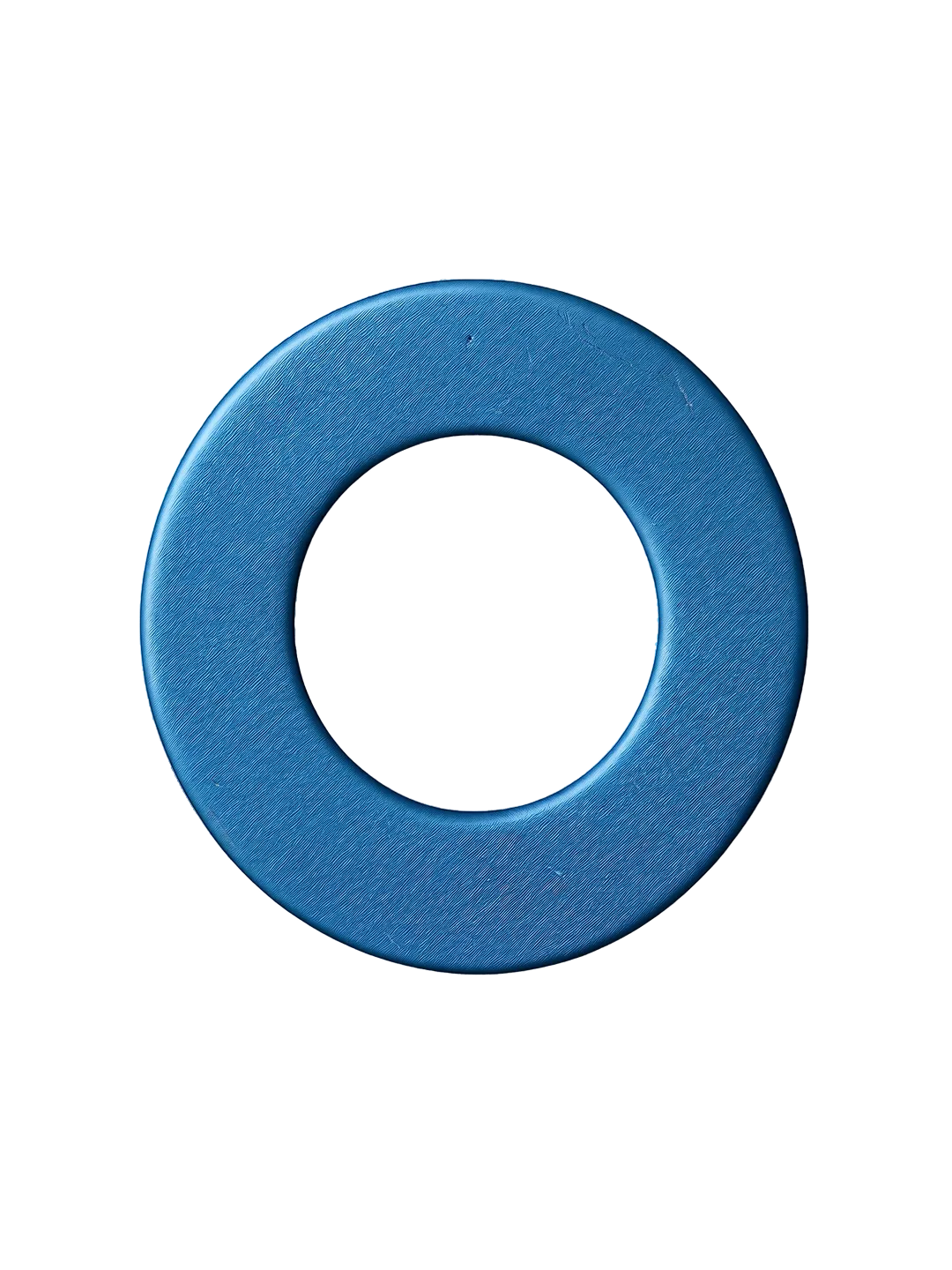 Blue zinc-flake coated flat washer with textured surface on a transparent background.