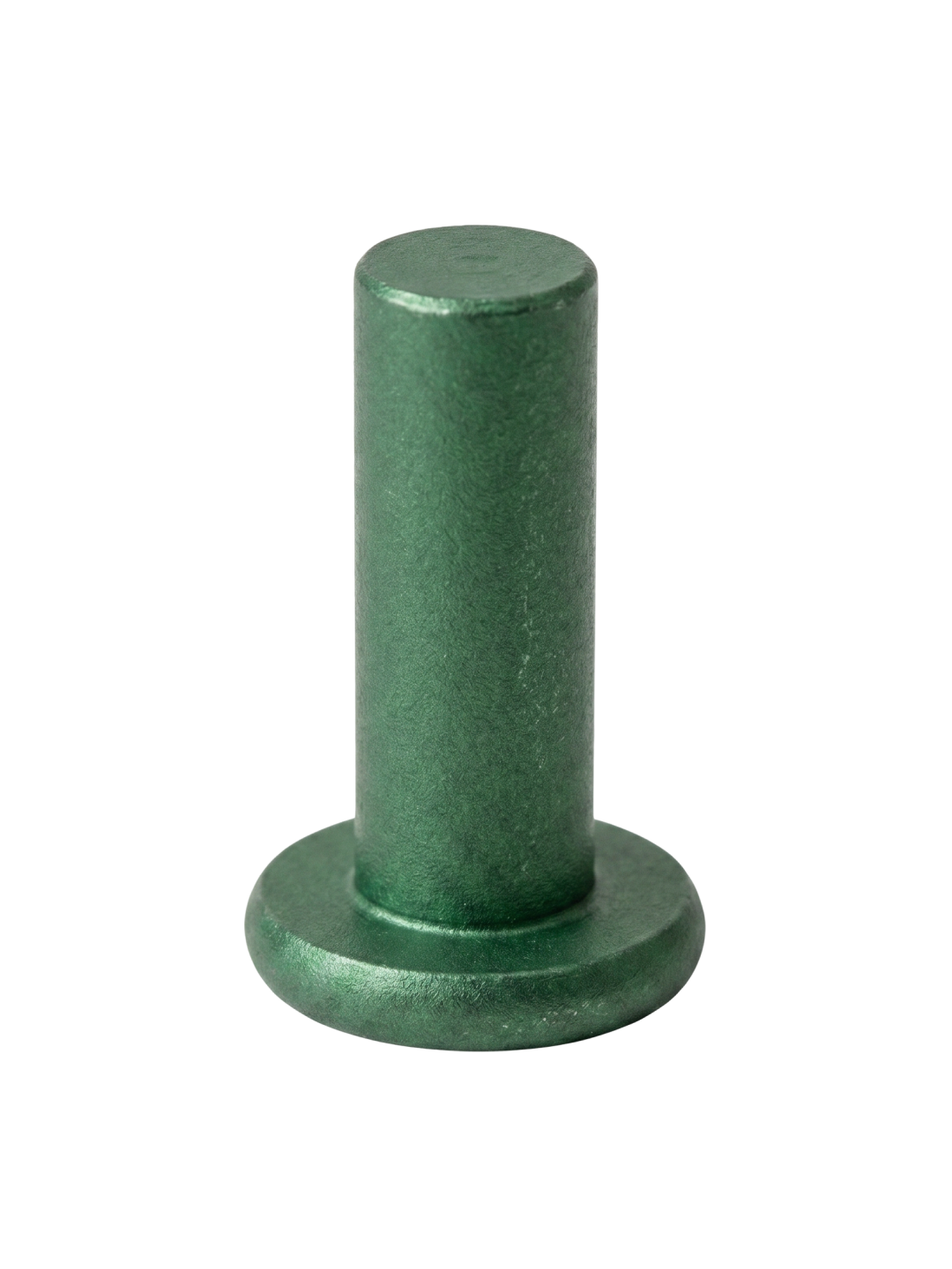 Green zinc flake cylindrical metal pin with a flat, round base on a white background.