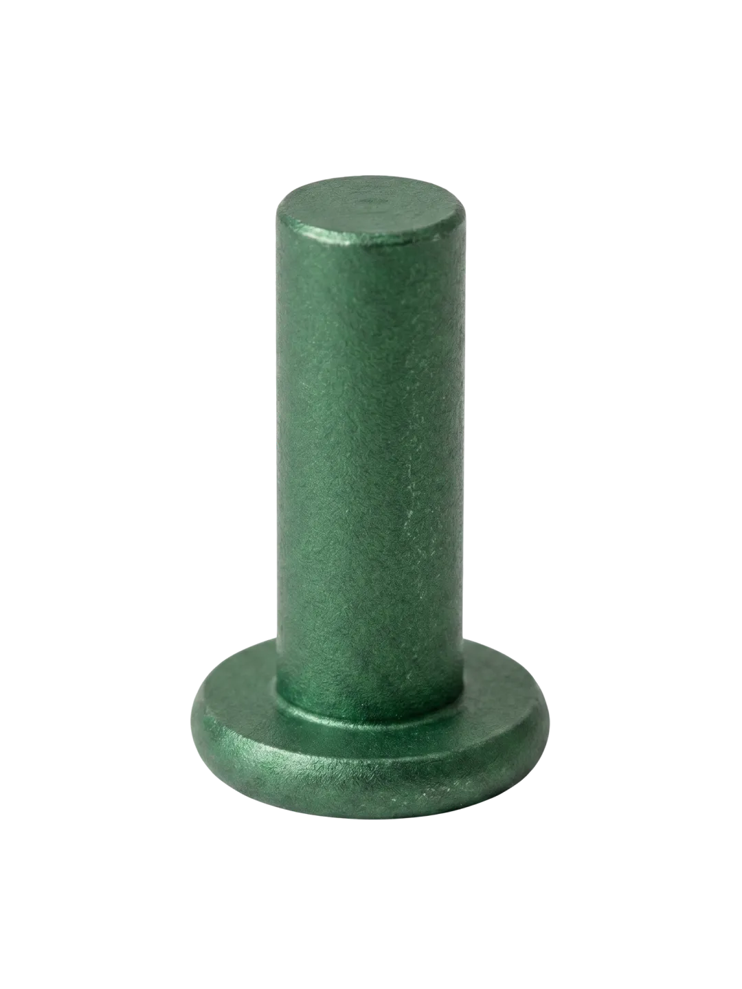 Green zinc flake cylindrical metal pin with a flat, round base on a white background.