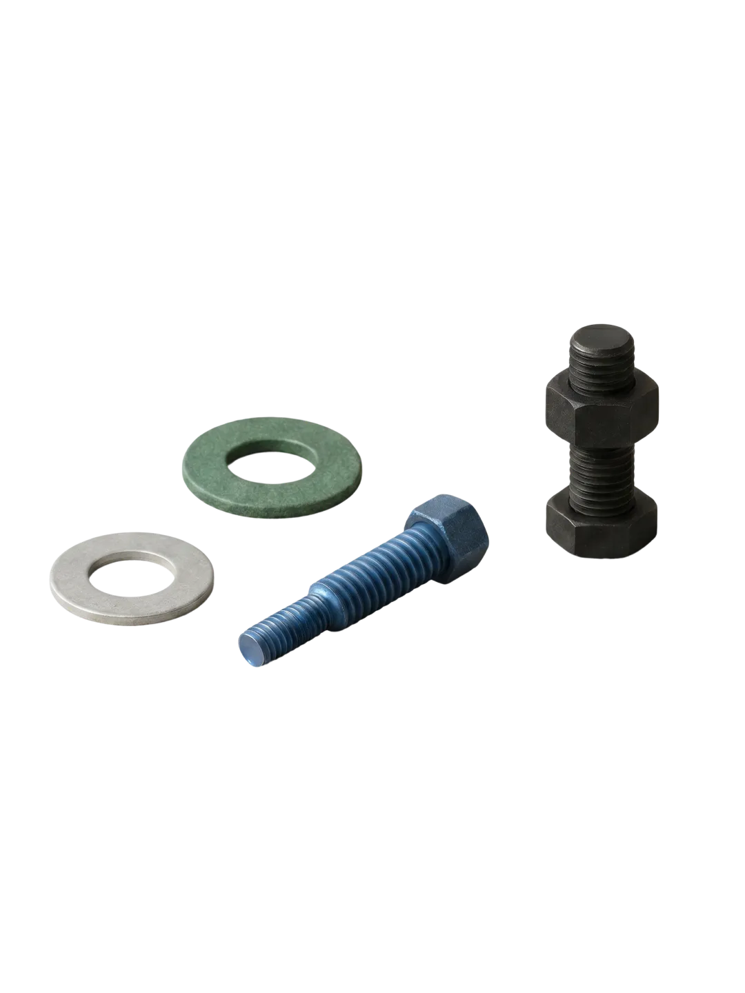 A black bolt with two nuts, a blue bolt, a green washer, and a silver washer on a white background.