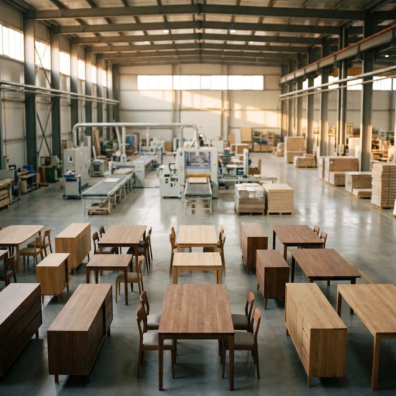 Large woodworking factory with finished tables, chairs, and cabinets neatly arranged inside.