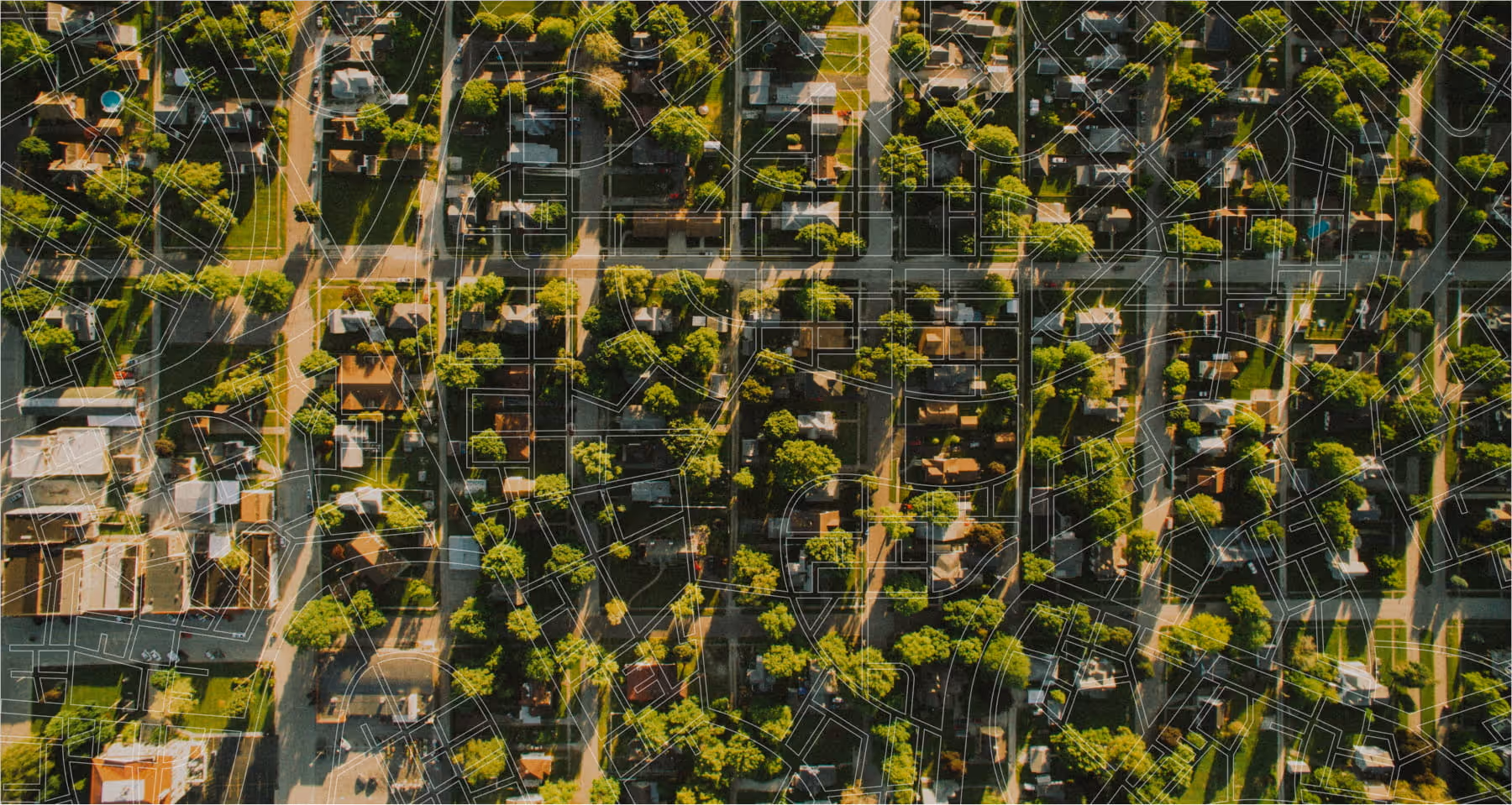 Aerial photo of a tree-lined residential neighborhood.