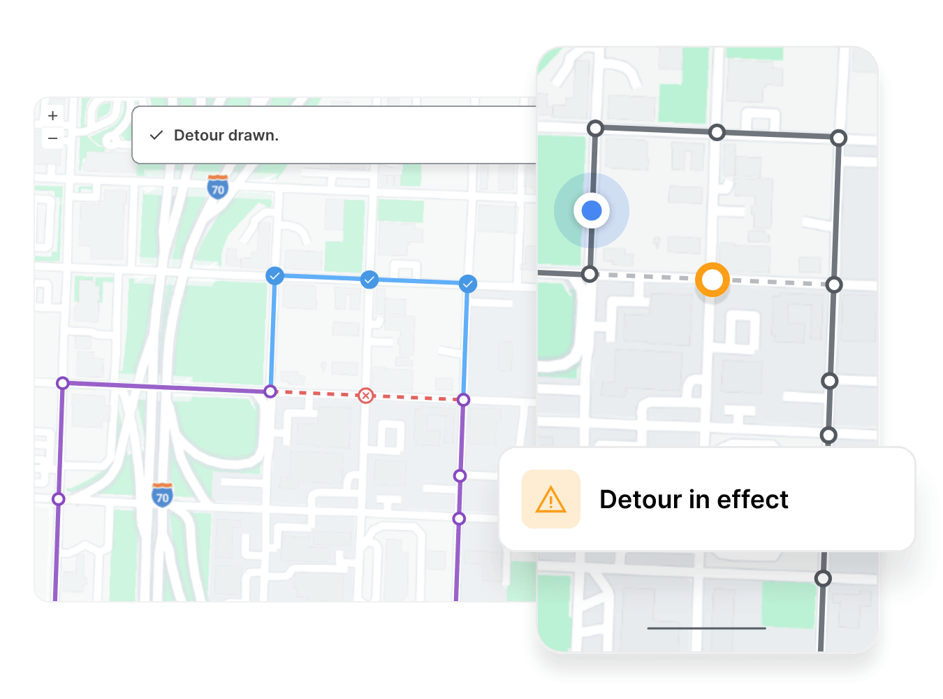 Animated illustration of a detour being drawn on a digital transit map, with a 'Detour in effect' notification.
