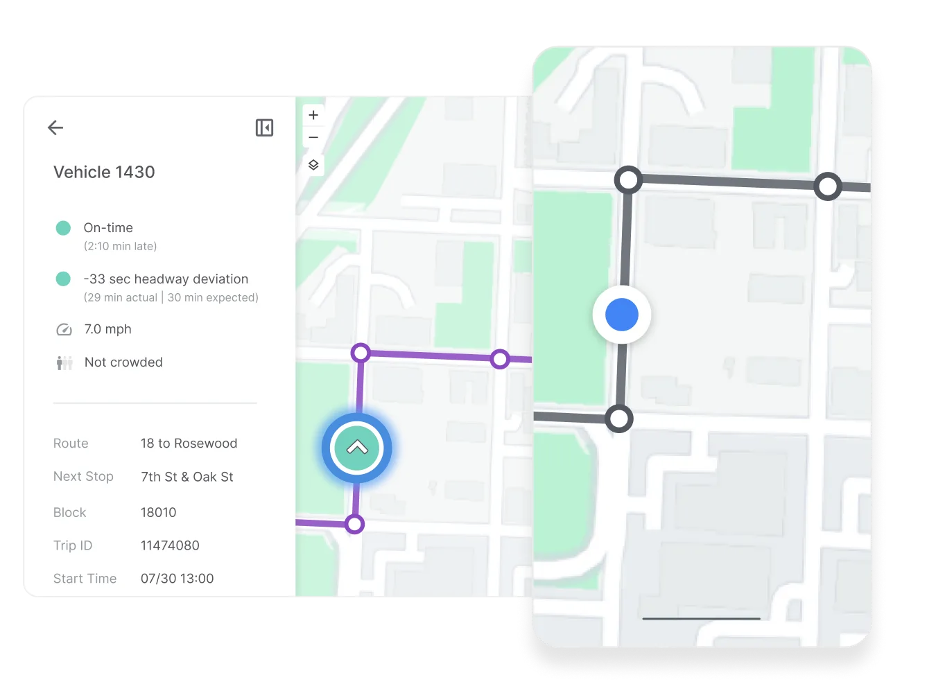 Screenshot of a vehicle detail panel showing on-time status and headway deviation alongside a map view.