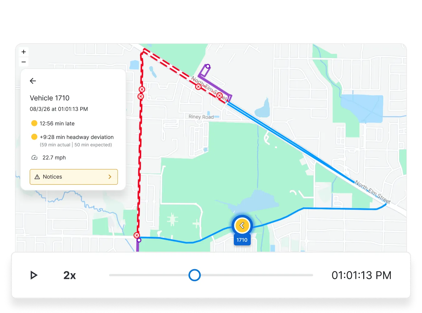 Screenshot of a map interface showing a vehicle's detour route with speed and timing details alongside a playback timeline.