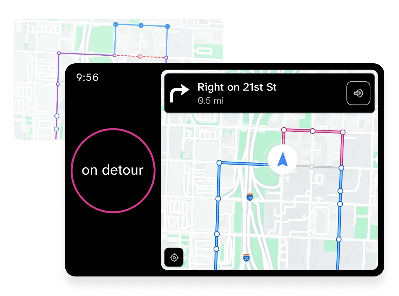 Screenshot of an in-vehicle navigation display showing a detour route with turn-by-turn directions.