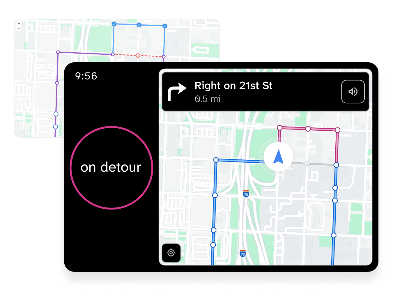 Screenshot of an in-vehicle navigation display showing a detour route with turn-by-turn directions.