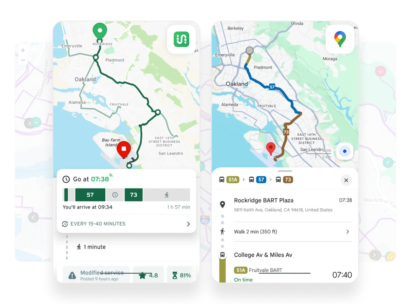 Screenshots of two rider apps showing real-time transit predictions with route maps and arrival times.