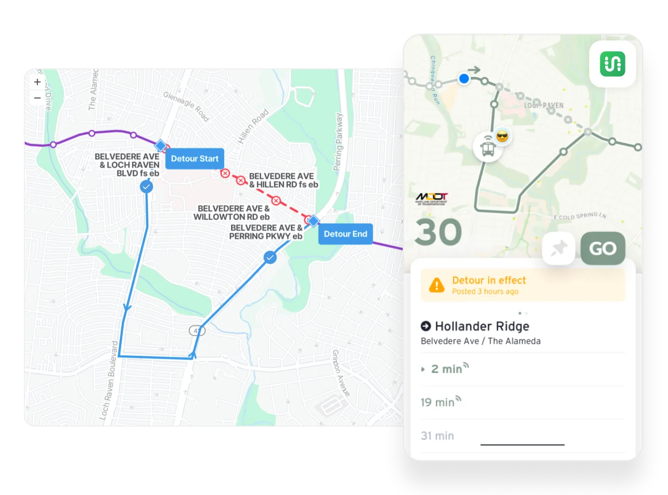 Screenshot of a route detour map alongside a rider app screen showing a detour notification and route arrival times.