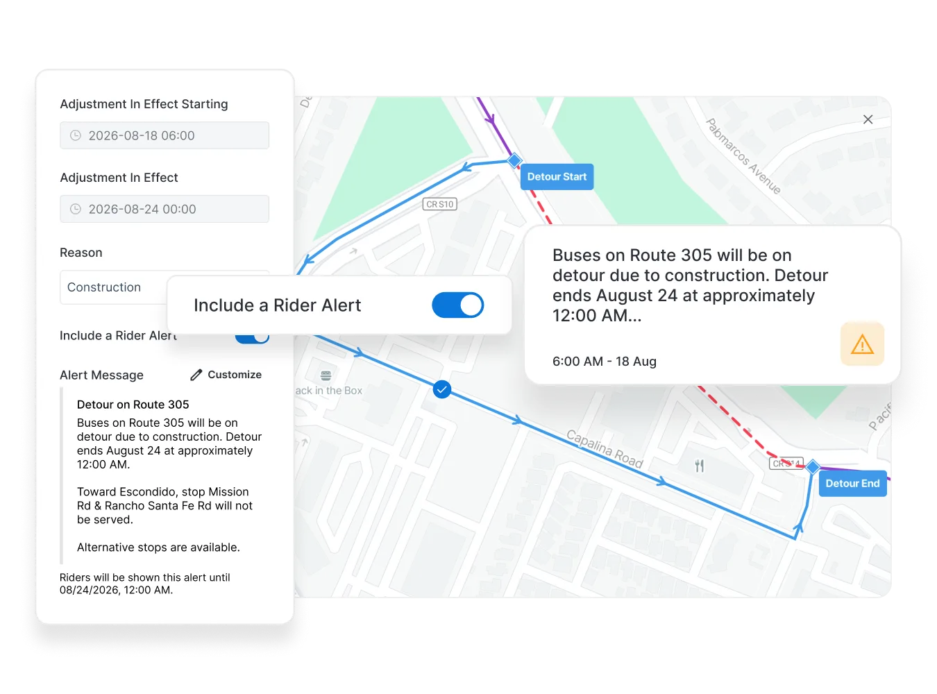 Screenshot of a rider alert interface showing detour adjustment dates and an alert message alongside a map with the detour route.