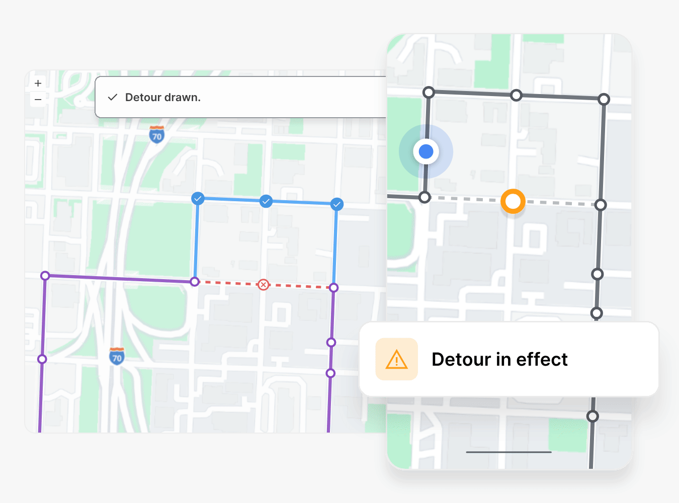 Animated illustration of a detour being drawn on a digital transit map, with a 'Detour in effect' notification.