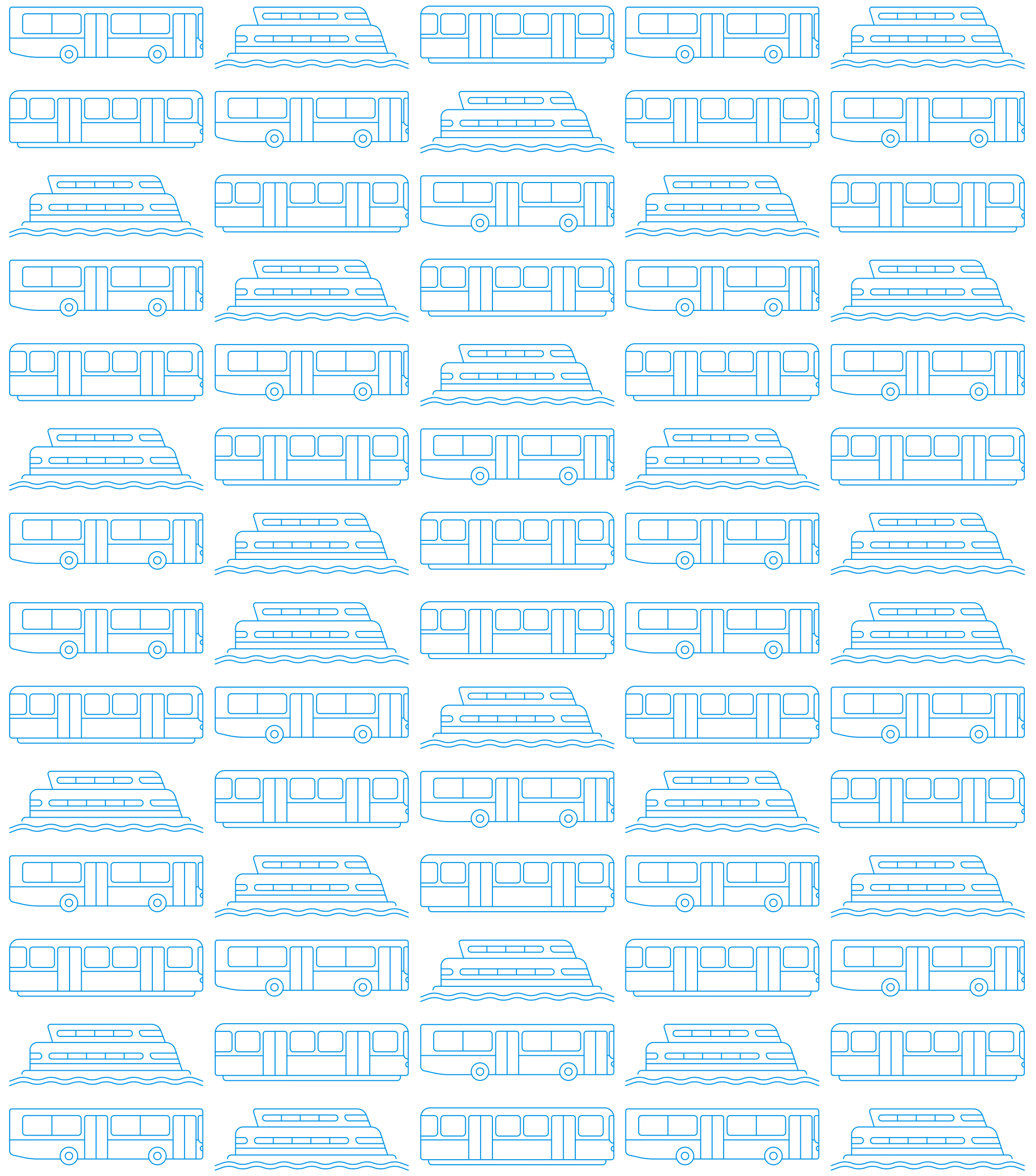 Repeating pattern of transit vehicle icons used as a decorative background graphic.