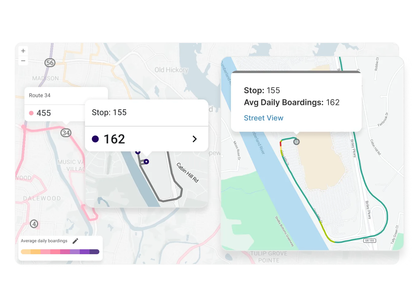 Screenshot of a transit map showing a bus stop's average daily boardings alongside a route ridership panel.