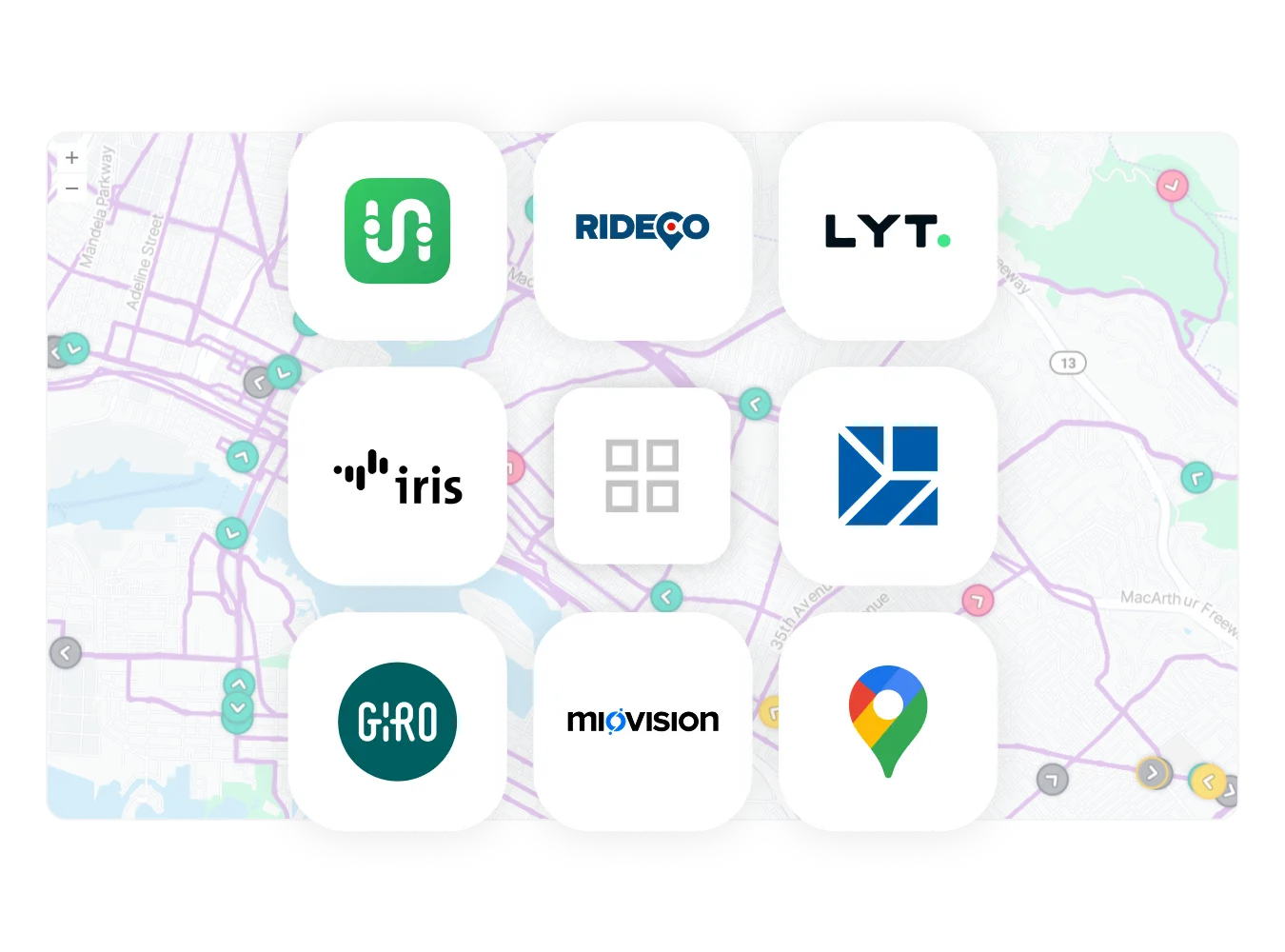 Logos of technology partners including Rideco, Lyt, Iris, Giro, Miovision, and a location pin icon, over a map background.