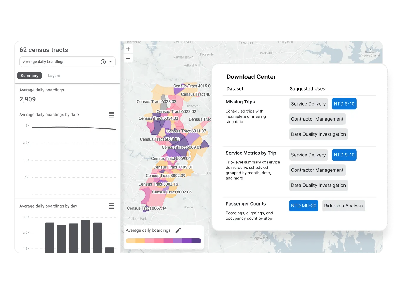 Screenshot of a ridership map by census tract alongside a data download center listing NTD reporting datasets.