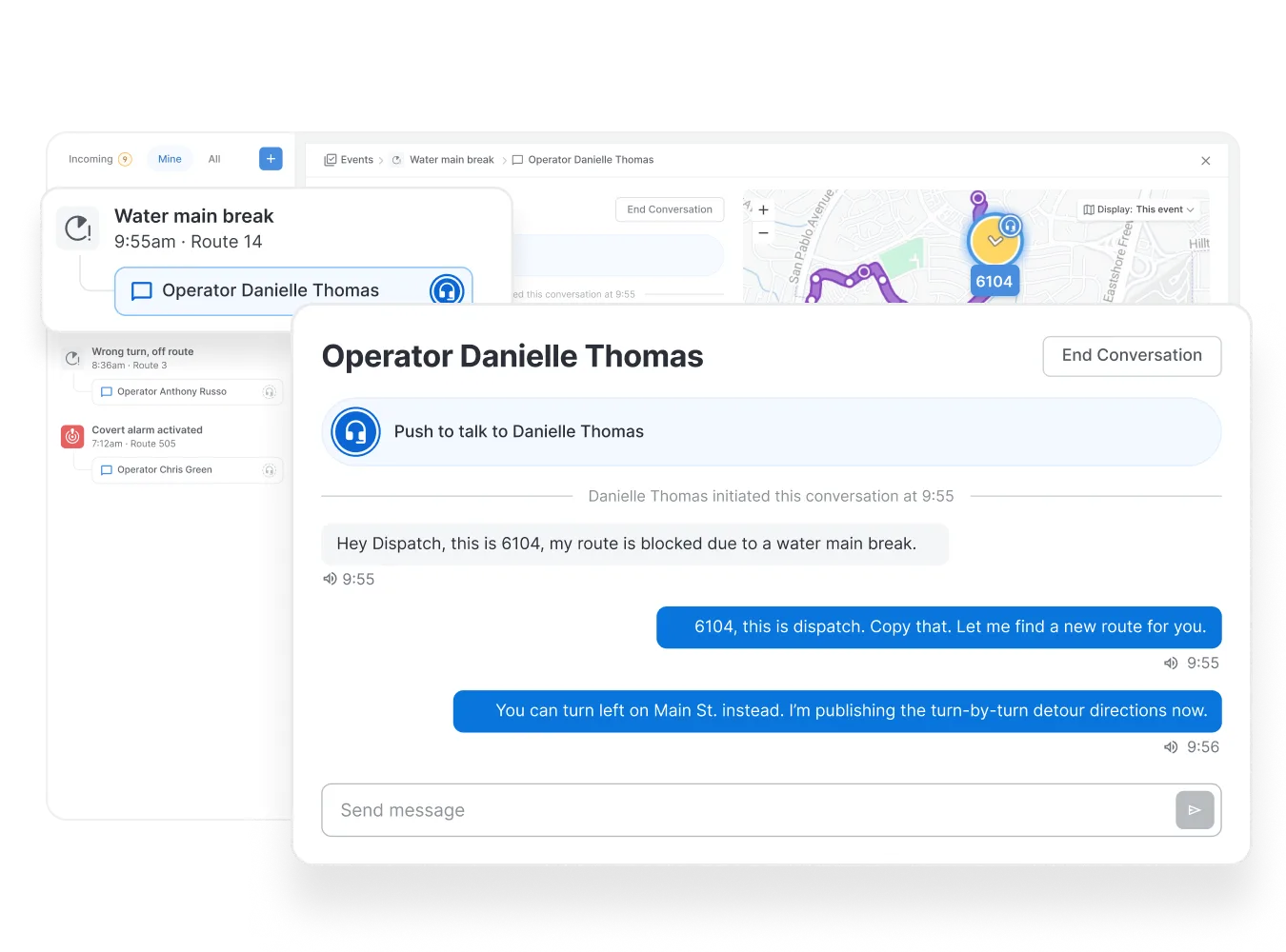 Screenshot of a dispatch communication interface showing a chat conversation between dispatch and an operator about a water main break detour.