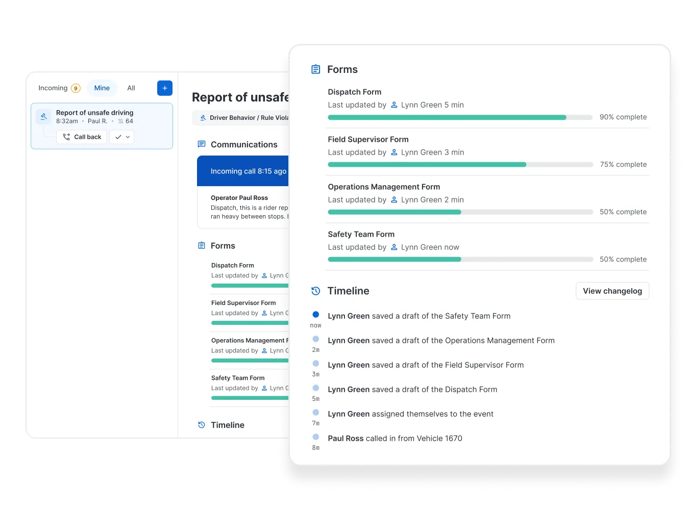 Screenshot of an incident report interface showing communications, digital forms, and a timeline of activity.