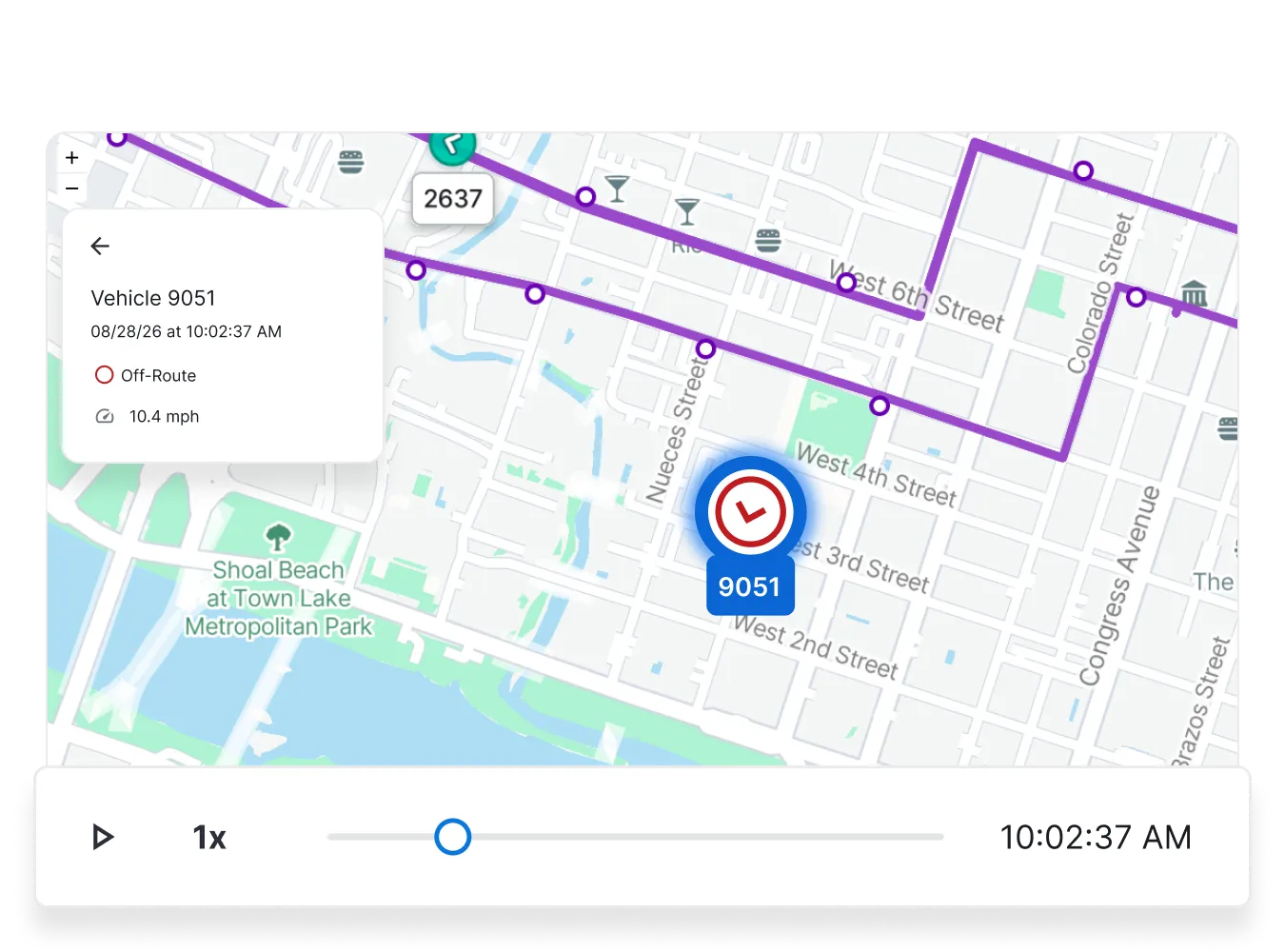 Screenshot of a map interface showing a vehicle marked off-route with its speed and playback timeline.