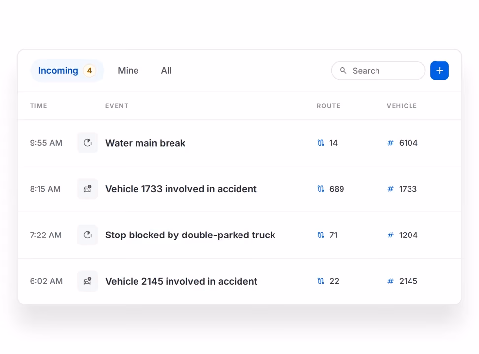 A digital dashboard showing four incoming events with times, descriptions, routes, and vehicle numbers: 9:55 AM water main break on route 14 with vehicle 6104, 8:15 AM vehicle 1733 involved in accident on route 689, 7:22 AM stop blocked by double-parked truck on route 71 with vehicle 1204, and 6:02 AM vehicle 2145 involved in accident on route 22.